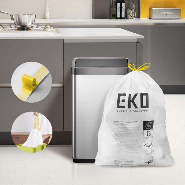 EKO Easy-Dispense Roll of 60 Count Extra-Strong Drawstring Kitchen Trash Bags, 21 Gallon Garbage Bags (79.5L)