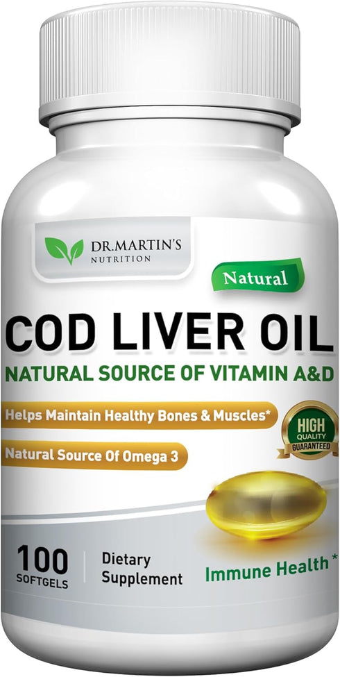 Burpless COD Liver Oil, 100 Softgels, Natural Source of Omega 3 Fatty Acids EPA & DHA, Vitamin A & D, Joint & Immune