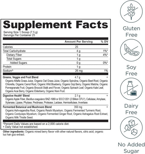 Ancient Nutrition SuperGreens Powder - Organic Berry Flavor Greens with Probiotics, 25 Servings, 6.7oz