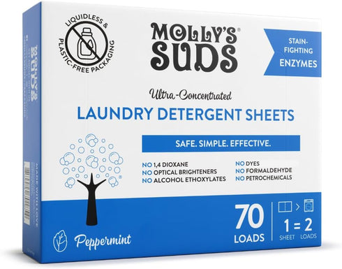 Molly’s Suds Laundry Detergent Sheets - Gentle on Sensitive Skin, Powerful Plant-Based Enzymes, 70 Loads (Peppermint)