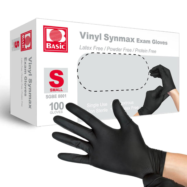 Basic Vinyl Exam Gloves - 4 mil Safety Glove, Latex-Free & Powder-Free, SGBE 8001 Synmax Disposable (Box of 100)