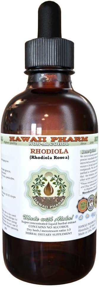 Hawaii Pharm Organic Rhodiola Alcohol-Free Liquid Extract, Dried Root Glycerite Herbal Supplement, 2 fl.oz