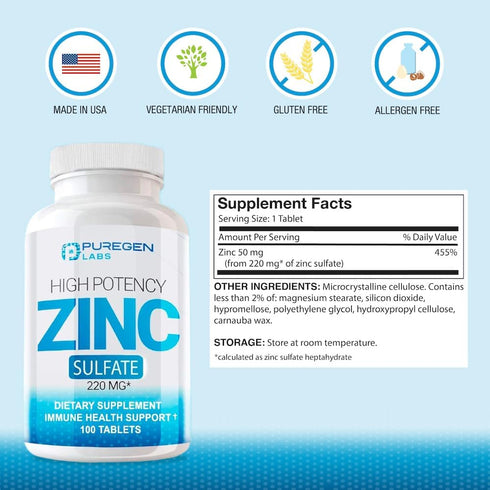Puregen Labs Zinc Sulfate 220 mg Dietary Supplement Tablets, 100 Count (Pack of 2)