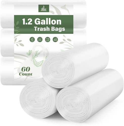 Jaoul 1.2 Gallon Small Trash Bags, 60 Counts, Unscented Strong Bathroom Trash Bags for 1 Gallon Cans, White