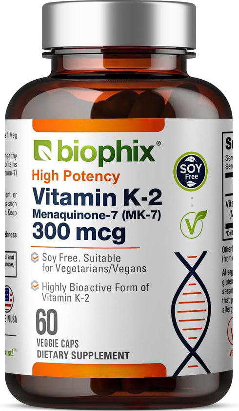 biophix Vitamin K2 MK-7 300 mcg, 60 Vcaps, High-Potency for Strong Bones and Immune Health