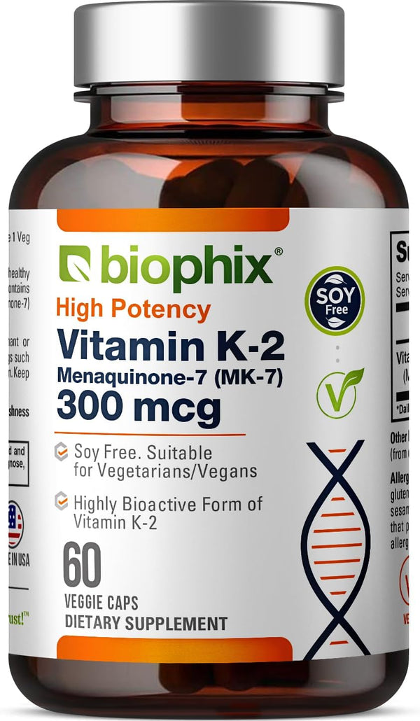biophix Vitamin K2 MK-7 300 mcg, 60 Vcaps, High-Potency for Strong Bones and Immune Health