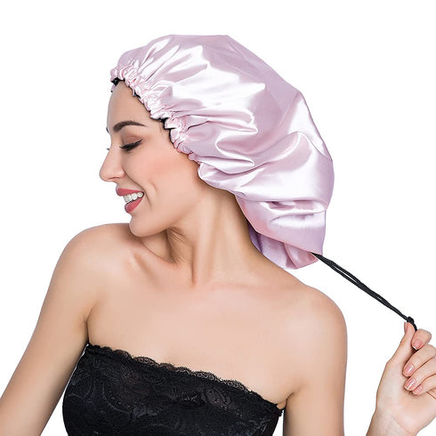 Stain Bonnet Silky Sleep Cap, Adjustable Satin Cap for Night Sleeping Hair Bonnet, Light Purple/Black