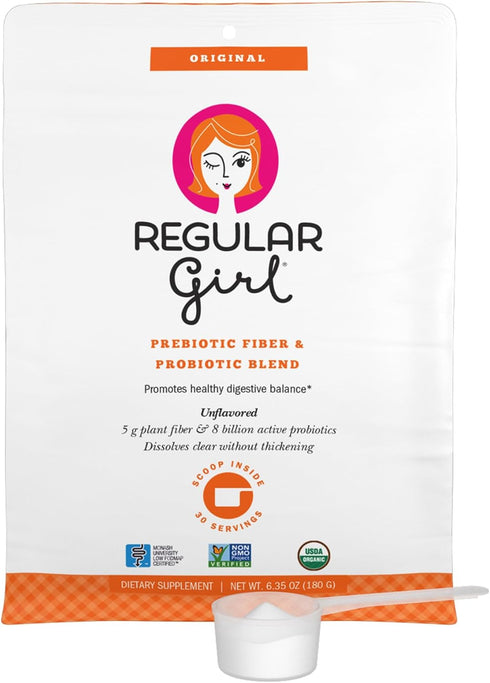 Regular Girl Organic Powder - Prebiotic Fiber Supplement and Probiotics for Women, Low FODMAP, 30 Servings