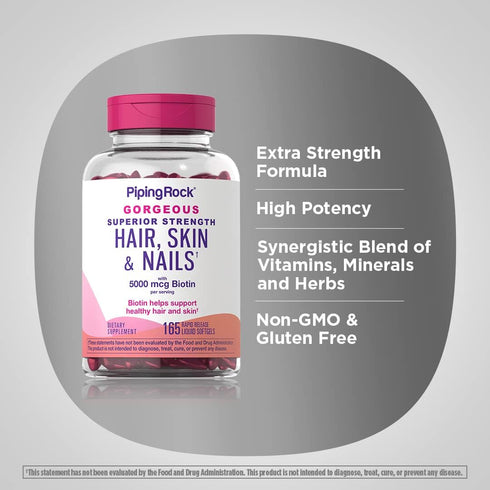 Piping Rock Hair Skin and Nails Vitamins | 165 Softgels | 5000 mcg Biotin, Moroccan Oil, Collagen, Non-GMO