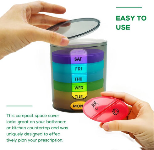 Weekly Pill Organizer (Twice-A-Day), Portable 7 Day Pill Box Case with Stackable AM/PM Compartments for Vitamins,