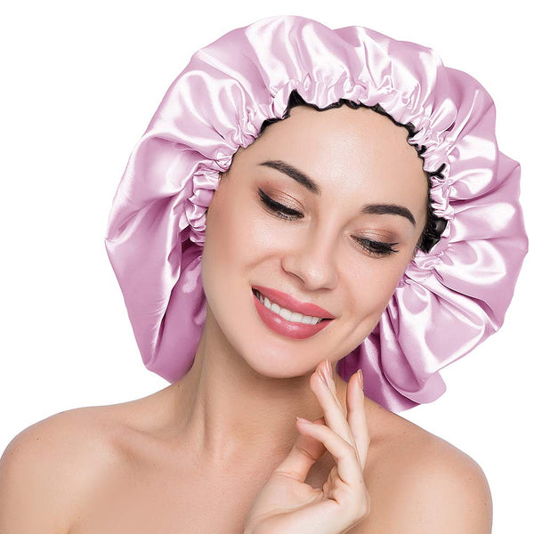 Stain Bonnet Silky Sleep Cap, Adjustable Satin Cap for Night Sleeping Hair Bonnet, Light Purple/Black