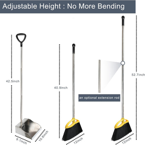 Broom and Dustpan Set for Home, Soft Bristles Indoor Broom with Stainless Steel Dustpan, Kitchen Cleaning Combo