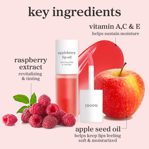 NOONI Korean Lip Oil - Appleberry, Long-Lasting Moisturizing Plumping for Dry Lips, 0.12 FL Oz