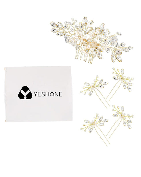 Yeshone 5 Pieces Wedding Hair Comb, Bridal Hair Pins with Crystal Pearl Accessories for Bride Women (Gold)