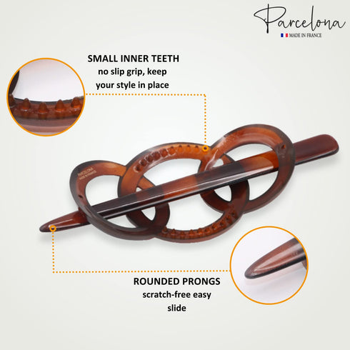 Parcelona French Triple Ringed 3.5" Celluloid Hair Slider Pin Thru Holder Barrette for Women, Tortoise Shell