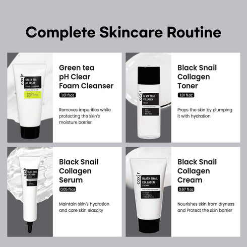 coxir BLACK SNAIL COLLAGEN STARTER KIT | Repairing & Firming with Black Rice, Bean, Snail Mucin, Collagen (3.19 fl.oz)