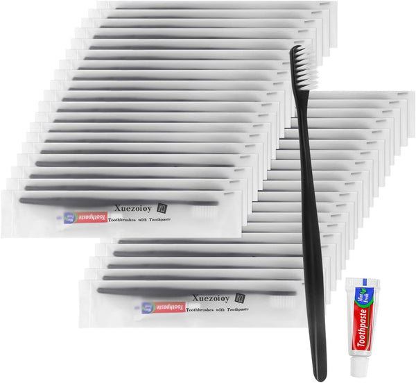 Disposable Toothbrushes with Toothpaste Pack of 50, Black Individually Wrapped Travel Toothbrush Kit for Homeless
