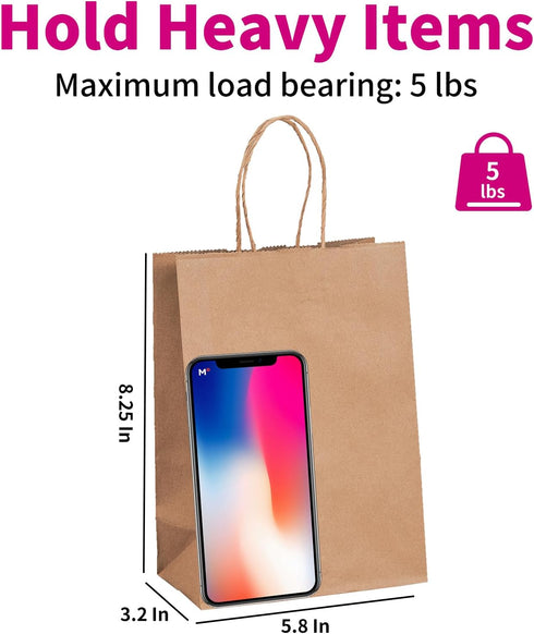 100 Pack 5.8x3.2x8.25 Inch Brown Kraft Paper Gift Bags with Handles - Bulk Small Plain Natural Bags for Birthday Party Favors, Grocery, Retail Shopping, Wedding, Craft, Goody, Takeouts, and Business