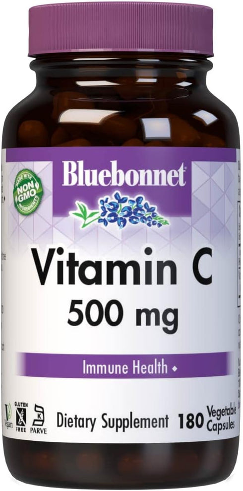 Bluebonnet Nutrition Vitamin C 500 mg Vegetable Capsules, Ascorbic Acid, for Immune Health & Skin Health, Vegan, Vegetarian, Non GMO, Gluten Free, Soy Free, Milk Free, Kosher, 180 Vegetable Capsules