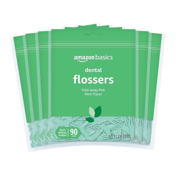 Amazon Basics Dental Flossers, Mint Flavor, Fold-Away Pick, 540 Count (6 Packs of 90), (Previously Solimo)