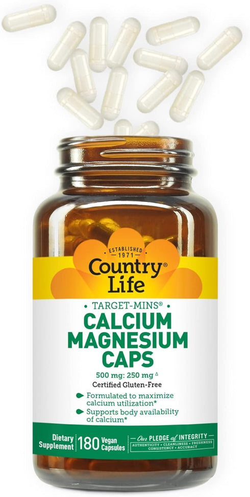 Country Life Target-Mins Calcium Magnesium Caps, 500mg: 250mg, 180 Certified Vegan Capsules, Certified Gluten Free