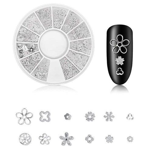 WOKOTO 6 Boxes Silver Hollow Nail Art Studs Set - 3D Flower Diamond Manicure Kit with Tweezers