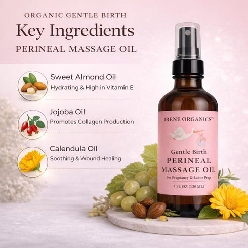 Organic Perineal Massage Oil Spray by Irene Organics for Pregnancy and Postpartum - Prevention for Perineum Tearing