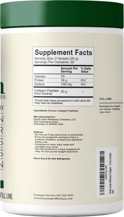 Great Lakes Wellness Collagen Peptides Powder - Unflavored, 16oz, Quick Dissolve, Non-GMO, Keto, Kosher