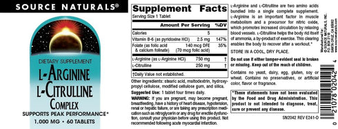 Source Naturals L-Arginine L-Citrulline Complex 1000mg Essential Amino Acid Supplement, 60 Tablets
