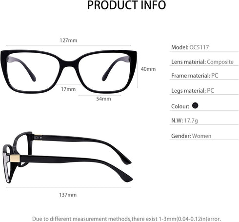 OCCI CHIARI Women Vintage Reader Glasses - 0.100.150.200.250.300.350.400.500.600 (Black, 1.5)