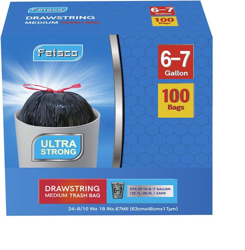 Medium Drawstring Garbage Bag, 6-7 Gallon Black Trash Bag, 100 Counts, 0.67 Mil