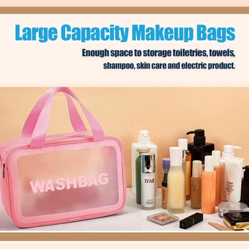 Travel Toiletry Bag,Large Clear Makeup Bags, 2 in 1 Cosmetics Bag,Transparent Skin Care Bag for Toiletries,Waterproof & Draining Make up Bags,PVC Thickened Wash Bag for Women Men (Pink)
