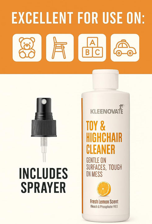 Kleenovate Toy & Highchair Cleaner, Fresh Lemon Scent Gentle on Baby Surfaces, Tough on Mess Bleach & Phosphate Free