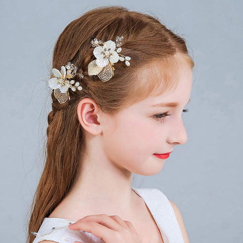 PRDGIRL Pack of 2 Wedding Flower Girl Hair Pins, Bride Pearl Hair Piece Crystals Hair Clips for Women and Girls (Gold)