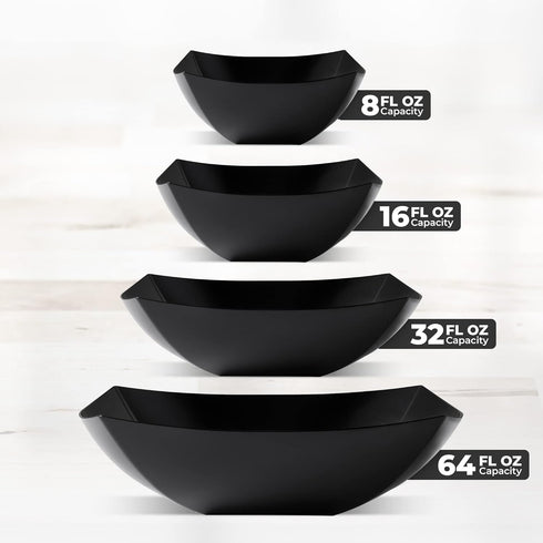 Posh Setting Square Plastic Serving Bowls, Medium Black, Disposable for Salad, Party, Snack, Buffet, 4 Pack
