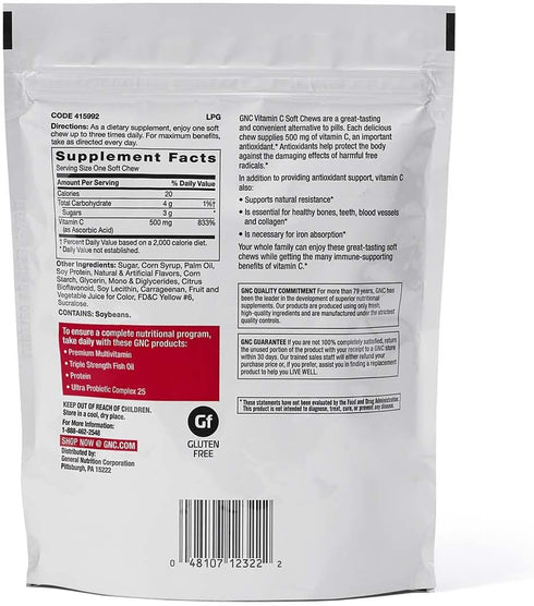 GNC Vitamin C Soft Chews 500mg, Orange, 60 Chews, Supports Natural Resistance
