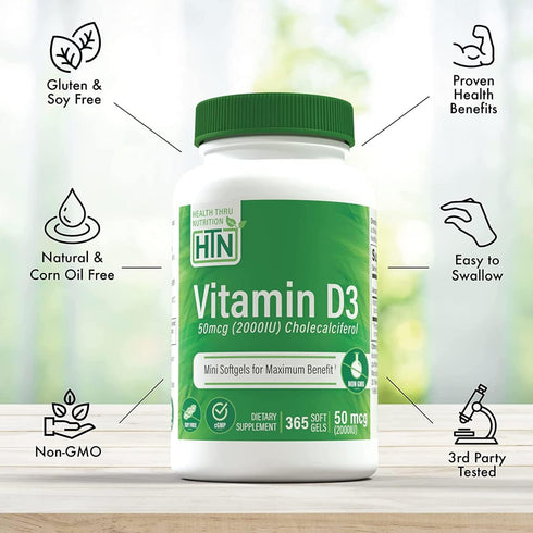 Health Thru Nutrition Vitamin D3 2000IU, 365 Mini Softgels, Non-GMO USP Grade in Organic EVOO