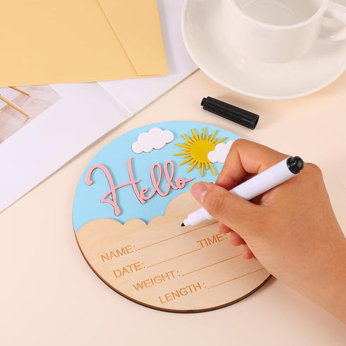 lasuroa 5.9 Inch Baby Announcement Sign, Cute Sun Style Wooden Hello World Newborn Sign Baby Name Plaque for Nursery