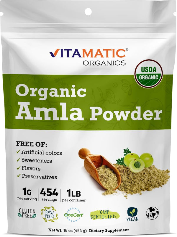 Vitamatic Amla Berry Powder 1 Pound (16 Ounce) - Certified USDA Organic, Rich in Antioxidant Vitamin C, Gluten Free