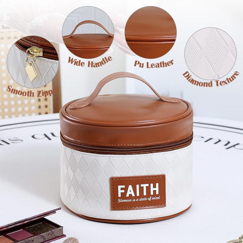 Round Makeup Bag, Compact Travel Case for Skincare & Cosmetics, Diamond Texture with Wide Handle (Brown)