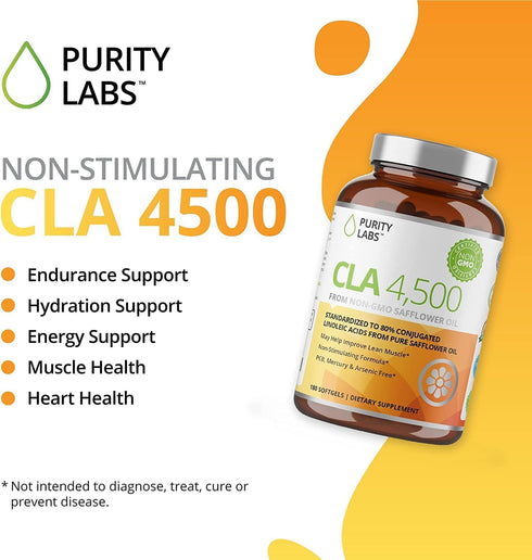 Purity Labs CLA Supplements 4500MG - Non-GMO Safflower Oil - Supports Energy, Weight Loss, Heart Health, and Muscle