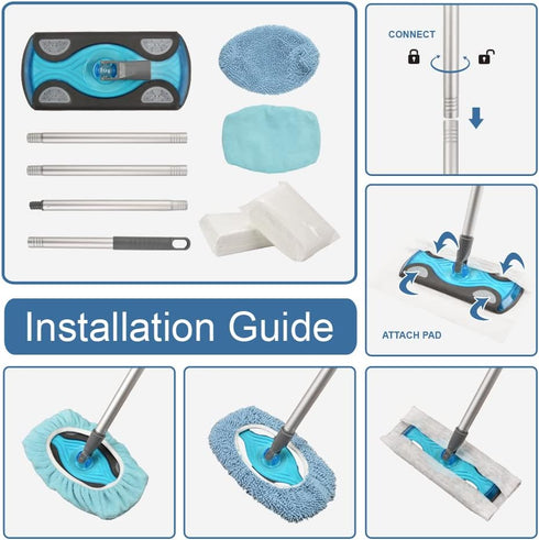 Sweeper Mop Starter Kit, Small Flat Mop with 2 Reusable Microfiber Pads, 30pcs Disposable Dry Cloths for Hardwood Floor