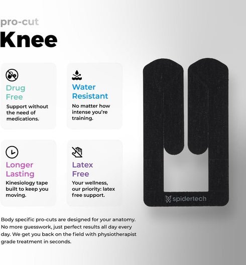 Spidertech Professional Pre-Cut Cotton Kinesiology Tape for Knee Support, Pain Relief for Athletes, Black (4 Pack)