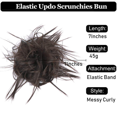 HMD Tousled Updo Messy Bun Hair Piece - Hair Extension Ponytail with Elastic Rubber Band for Women (Dark Brown)