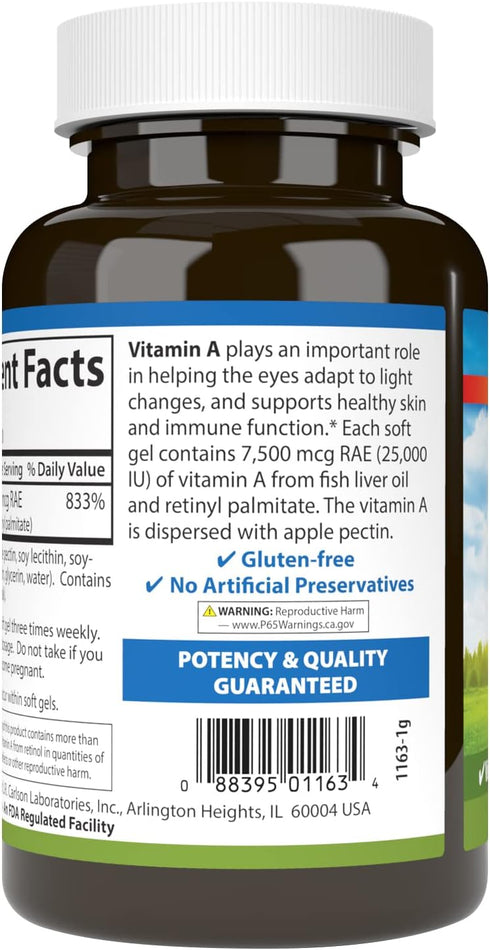 Carlson Vitamin A, 25000 IU (7500 mcg RAE) with Pectin for Vision Health, 300 Softgels