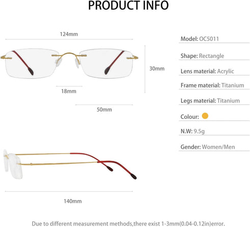 OCCI CHIARI Reading Glasses, 1.75 Magnification for Women Men, Trendy Reader with Titanium Frameless Clear Lens