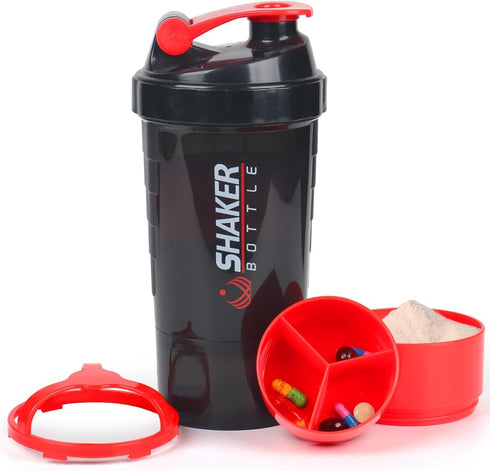 Protein Shaker Bottle, 16 oz Sports Water Bottle with Storage, Non-Slip 3 Layer Twist Off Cups & Pill Tray