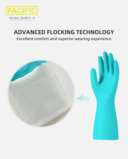 PACIFIC PPE Reusable Dishwashing Rubber Gloves, Kitchen Gloves with Flocked Cotton Liner, Latex Free, Green, Medium