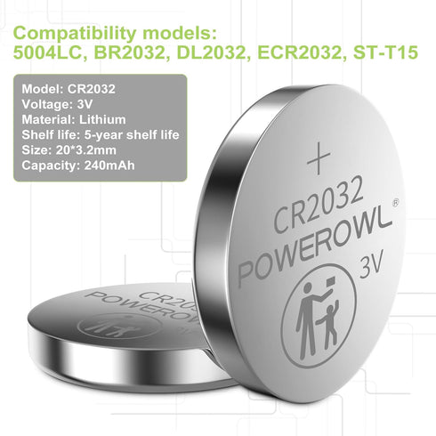 POWEROWL High Capacity CR2032 Battery (20-Pack) 3V Lithium Batteries, 10 Years Leak-Free