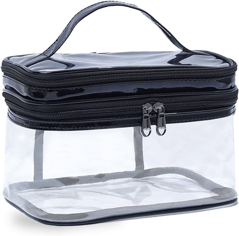 Clear Makeup Case, Transparent Double Layer Toiletry Bag, Waterproof PVC Travel Cosmetic Case for Skincare (Black)